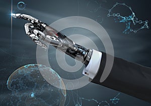 High detailed robotic hand in business suit pointing with index finger