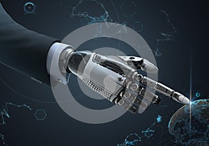 High detailed robotic hand in business suit pointing with index finger