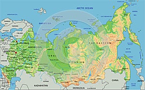 High detailed Russia physical map with labeling.