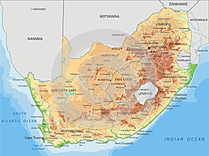 High detailed South Africa physical map with labeling.