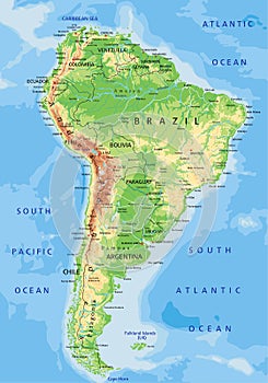 High detailed South America physical map with labeling.