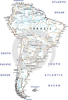 High detailed South America road map with labeling.