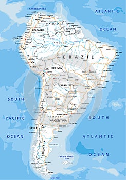 High detailed South America road map with labeling.