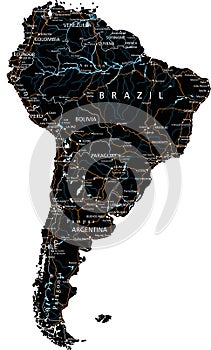 High detailed South America road map with labeling - Black.