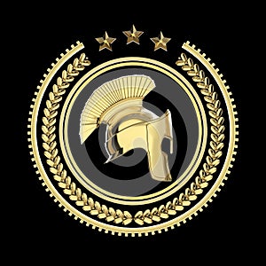 High detailed spartan, roman, greek helmet in laurel wreath badge with rings and stars. sports military fighting icon, rendering