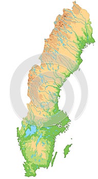 High detailed Sweden physical map.