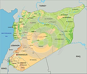 High detailed Syria physical map with labelling.