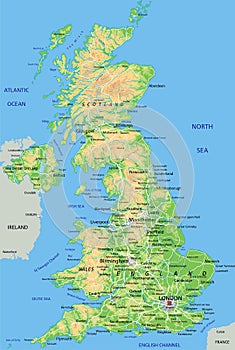 High detailed United Kingdom physical map with labeling.