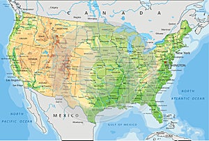 High detailed United States of America physical map with labeling.