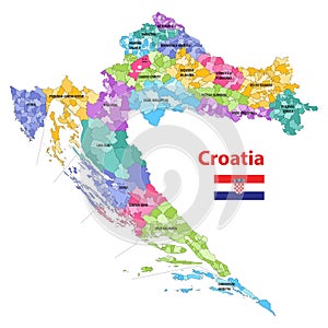 High detailed vector map of Croatia municipalities colored by counties. Flag od Croatia