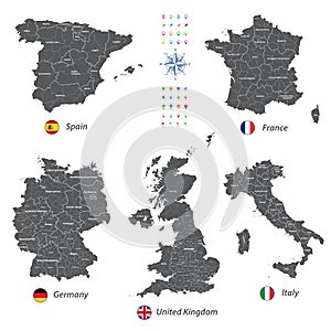 High detailed vector maps of United Kingdom, Italy, Germany, France and Spain with administrative divisions.