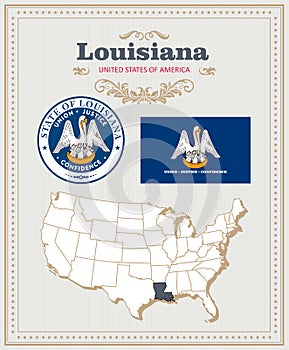 High detailed vector set with flag, coat of arms Louisiana. American poster. Greeting card
