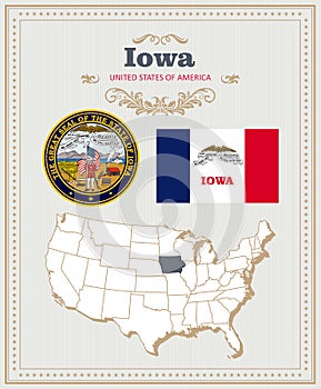 High detailed vector set with flag, coat of arms, map of Iowa. American poster. Greeting card