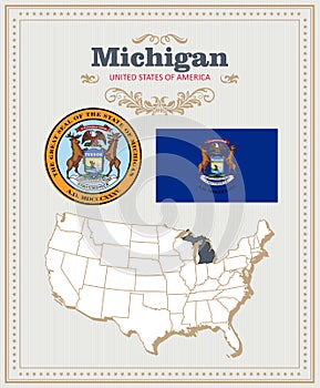 High detailed vector set with flag, coat of arms, map of Michigan. American poster. Greeting card