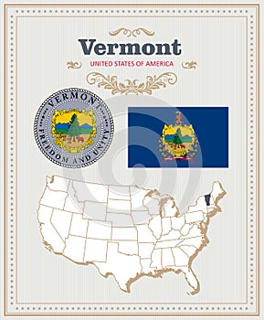 High detailed vector set with flag, coat of arms Vermont. American poster. Greeting card