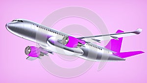 High detailed white airliner with a purple tail wing, 3d render on a white violet. Airplane Take Off, pop art 3d photo