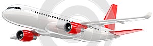 High detailed white airliner with a red tail wing, 3d render on a white background. Airplane Take Off, isolated 3d