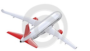 High detailed white airliner with a red tail wing, 3d render on a white background. Airplane back view, isolated 3d photo