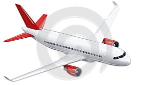 High detailed white airliner with a red tail wing, 3d render on a white background. Airplane makes a turn, isolated 3d photo