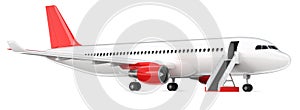 High detailed white airliner with a red tail wing, 3d render on a white background. Airplane with open boarding ladder photo