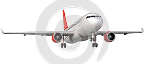 High detailed white airliner with a red tail wing, 3d render on a white background. Airplane Take Off, isolated 3d photo