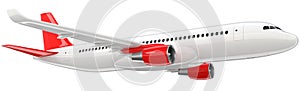 High detailed white airliner with a red tail wing, 3d render on a white background. Airplane Take Off, isolated 3d photo