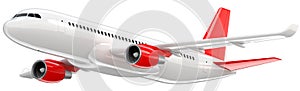 High detailed white airliner with a red tail wing, 3d render on a white background. Airplane Take Off, isolated 3d photo