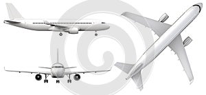 High detailed white airplane, 3d render on a white background. Airplane in profile, from the front and top view isolated