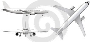 High detailed white airplane, 3d render on a white background. Airplane in profile, from the front and top view isolated photo