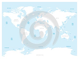 High detailed World map. With labels of main oceans, seas, gulfs, bays and straits. Vector map with white lands and blue