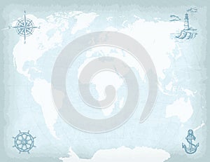 High detailed world map on old craft paper texture background. Hand drawn compass, lighthouse, ship wheel and anchor.