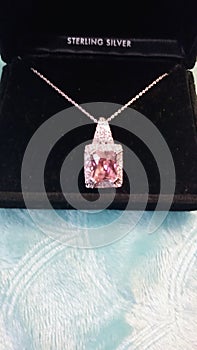 High End Designer Pink & Clear Simulated Diamond set in Sterling Silver Necklace