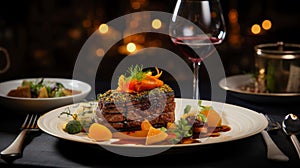 high-end gastronomic experience: meticulously plated cuisine, ambient dining setting, fine wine pairings, upscale service