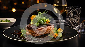 high-end gastronomic experience: meticulously plated cuisine, ambient dining setting, fine wine pairings, upscale service