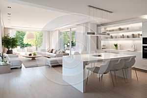 High-end interior design featuring a seamless white kitchen, dining, and living space