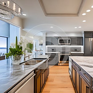 A high-end kitchen with marble countertops, top-of-the-line appliances, and a spacious island2, Generative AI