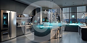 High-end kitchen showcasing connected appliances and ambient displays, spacious layout with modern
