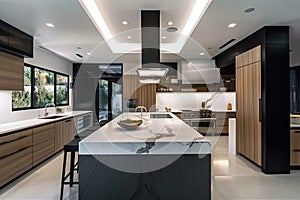 high-end kitchen with sleek and stylish finishes, custom cabinetry and modern appliances