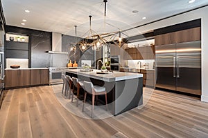 high-end kitchen with sleek and stylish finishes, custom cabinetry and modern appliances