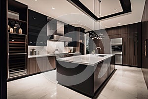 high-end kitchen with sleek and stylish finishes, custom cabinetry and modern appliances