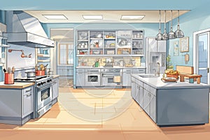 a high-end kitchen with stainless steel appliances, magazine style illustration