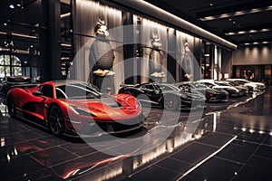 High-end luxury car showroom filled with sleek sports cars and extravagant vehicles. Generative AI