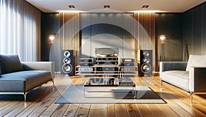 High-end Modern Home Stereo Listening Room Audiophile Hi-fi Turntable Tower Speakers Component AI Generated Home Interior