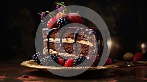 High-end Photography Of Ultra Realistic Black Forest Cake With Fresh Berries