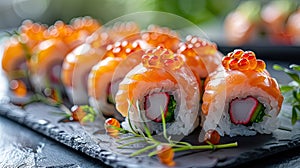 High End Restaurant\'s Exquisite Sushi Presentation: Salmon Roe and Fresh Garnish on Black Slate