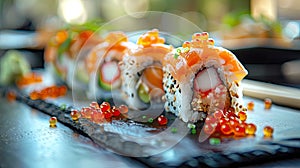 High End Restaurant\'s Exquisite Sushi Presentation: Salmon Roe and Fresh Garnish on Black Slate