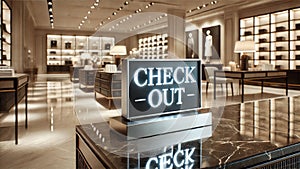 High-End Retail Store Checkout Counter with Prominent \'Check Out\' Sign photo