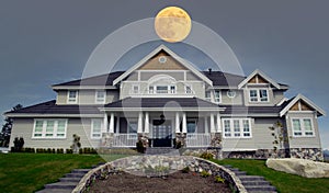 High-end Upscale Country Mansion House Home Dwelling Residence Large Front Porch Exterior Full Moon