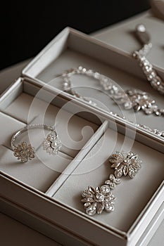 High-end vintage jewelry with diamonds in a jewelry box on dark background