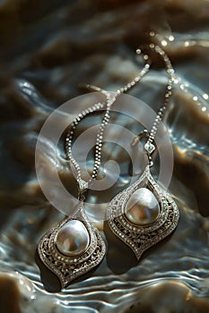 High-end vintage jewelry with pearls on dark background